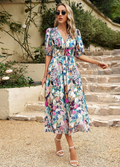 Estella | Flattering Floral Midi Dress Juliette | Elegant Midi Dress with V-Neck and Short Sleeves