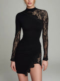 Asymmetric mini dress in black tulle with lace and elegant high collar