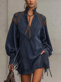 Indigo synthetic suede mini dress with embroidered high collar and fringe